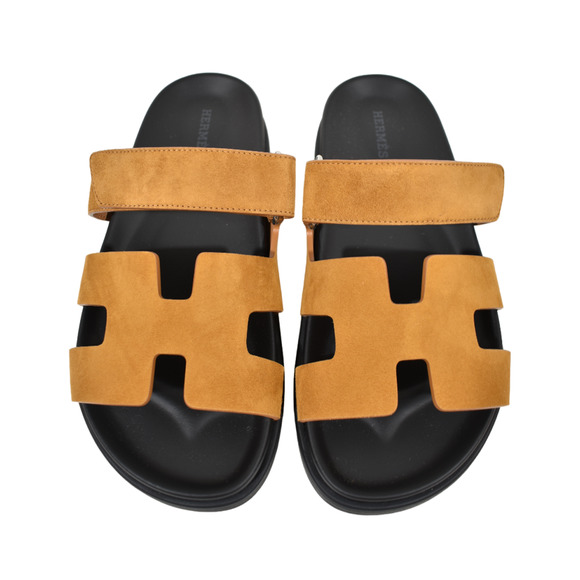 Hermes Chypre Sandal Black Naturel Gold Suede H Logo Strap Slide Slip On Flat 38 - Picture 1 of 10